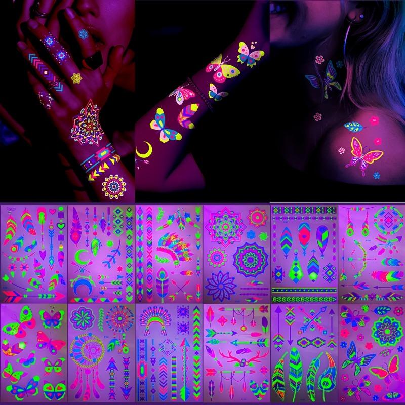 12 шт. Временная татуировка NeonGlwo - Светящаяся наклейка для боди-арта неоново-зеленого, розового, синего, фиолетового, желтого, оранжевого, красного цветов - Водостойкая