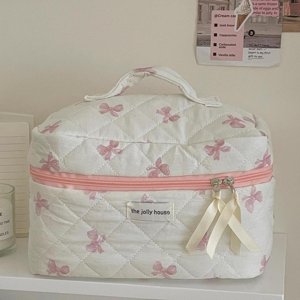 Косметичка с атласным бантом синего и розового цвета - портативная и вместительная для студентов, небольшой свежий дизайн