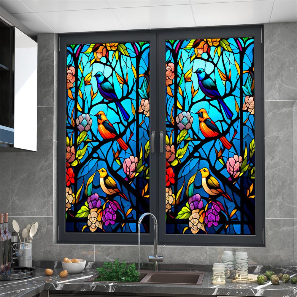 Красочная витражная пленка для окон с цветами и птицами, Неклейкая УФ-блокирующая теплоизоляционная декоративная статическая пленка