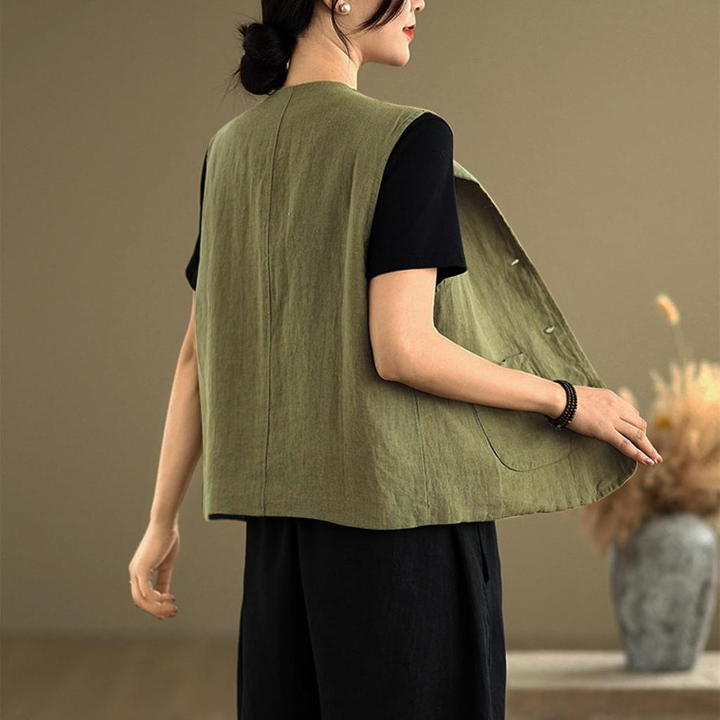 Womens Cotton Linen Vest Casual Sleeveless Coat Cardigans Lightweight Jacket Waistcoat Top