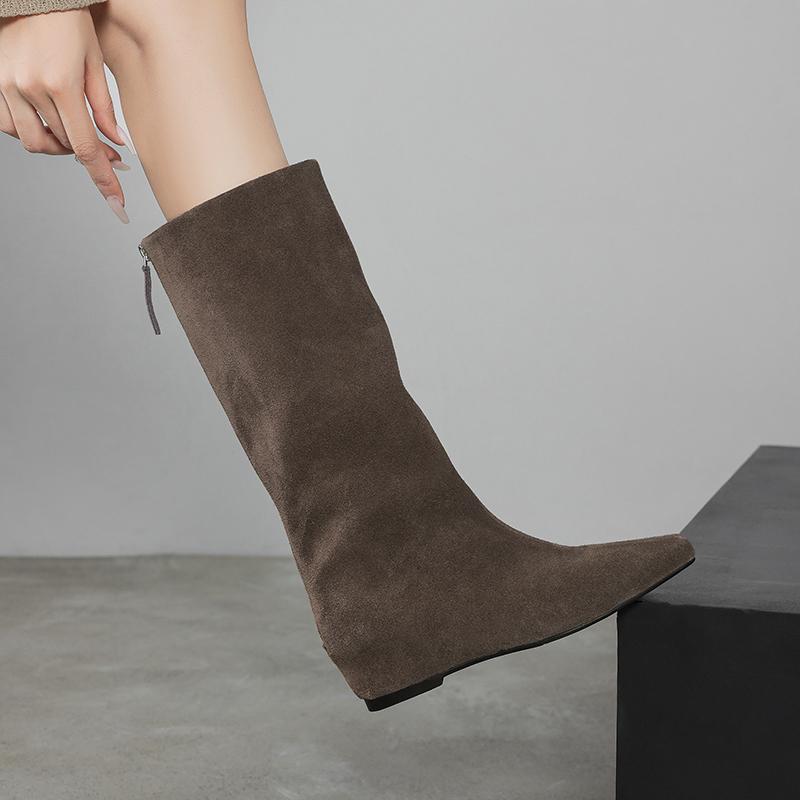 Мода 2025 Новые осенние сапоги до колена из коровьей замши Женская обувь Квадратный носок Слипоны Вестерн Современные сапоги Увеличение высоты Длинные сапоги