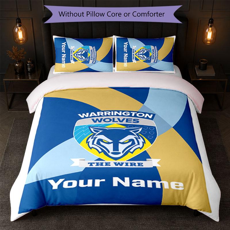 Warrington Wolves FC Custom Name Text Bedding Set 1 Duvet Cover+2 Pillowcases Soccer Logo Personalized Gift For Special Occasion Bedroom Decor