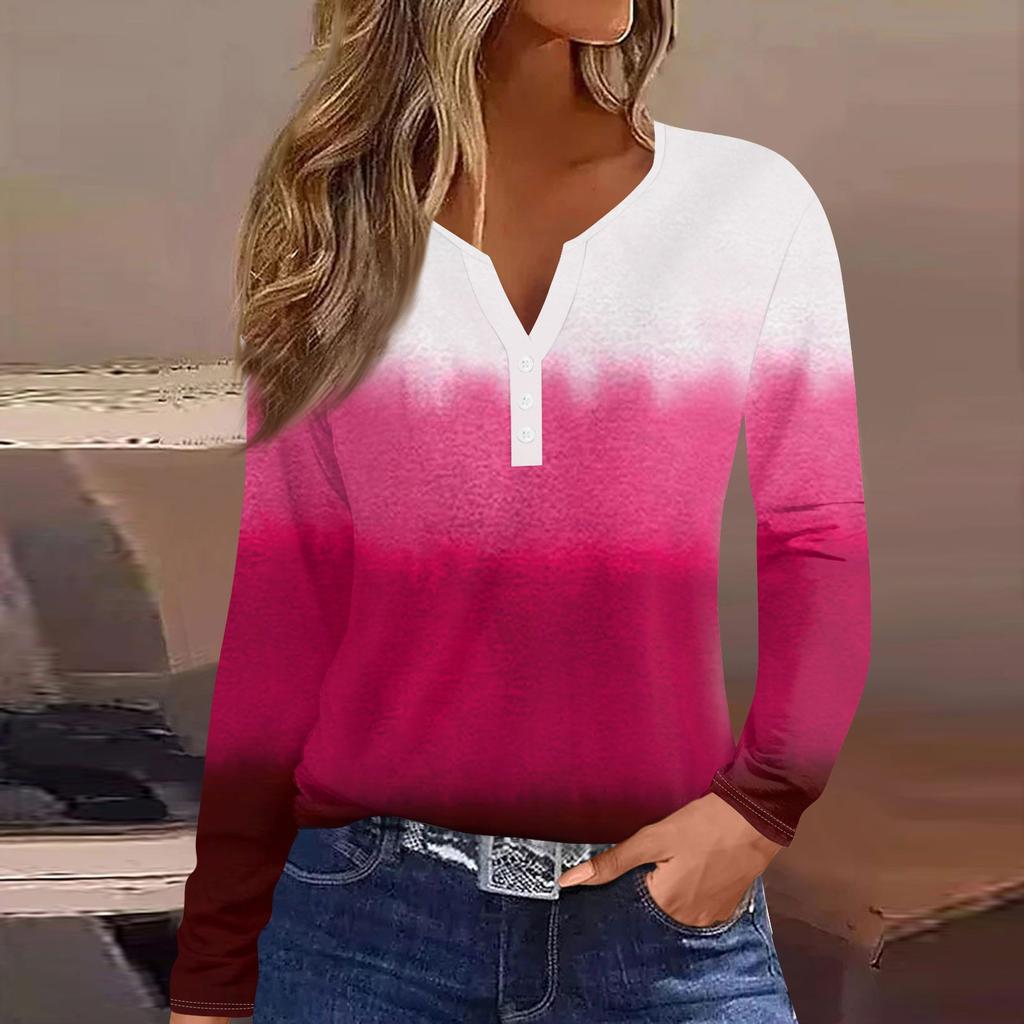 Женская модная повседневная футболка с v-образным вырезом и длинными рукавами и декоративными пуговицами, топ