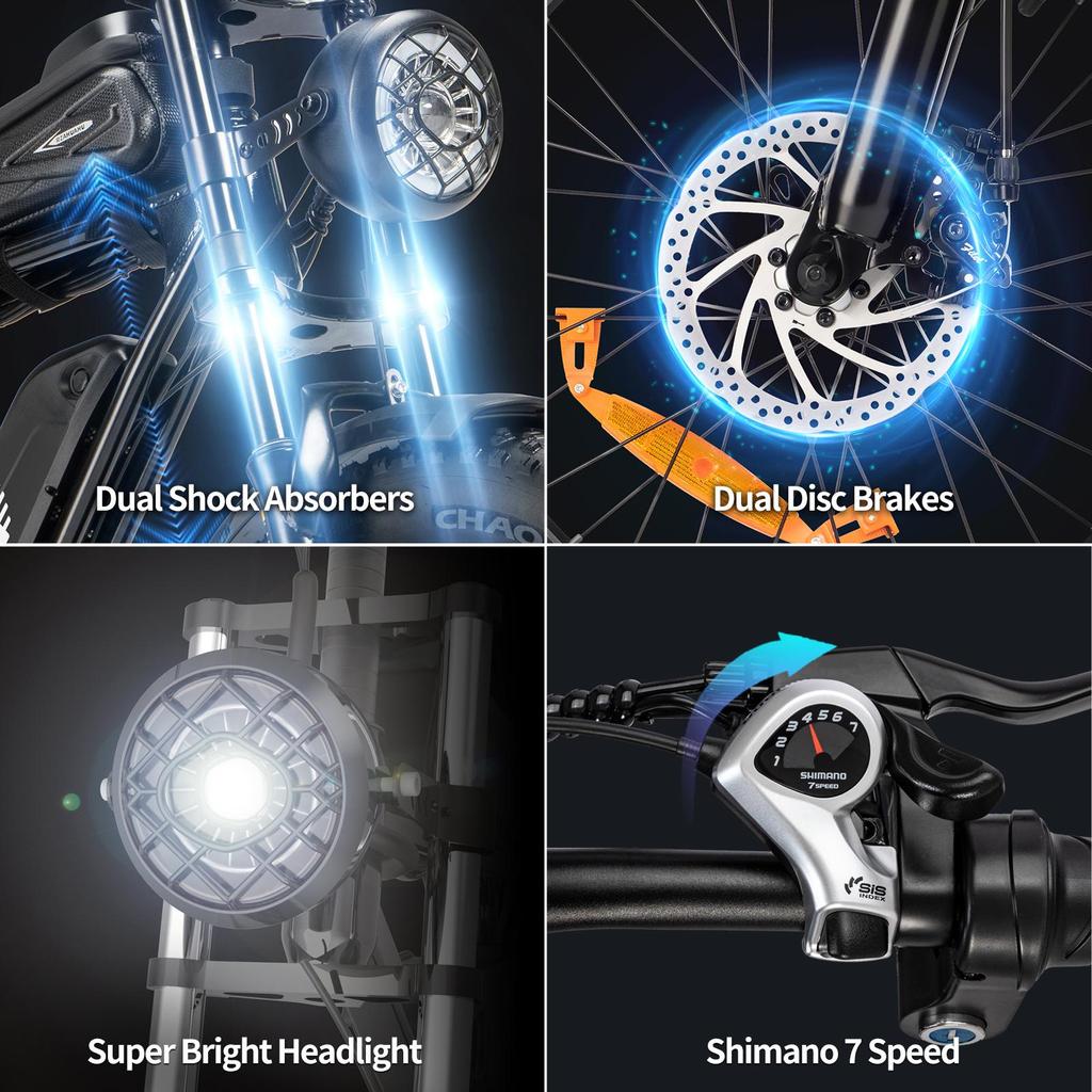 Electric Bike YVY 20"Fat 1000W Motor 48V 15AH City Ebike Max  Range 80Km Load 150Kg Black C20 Lite