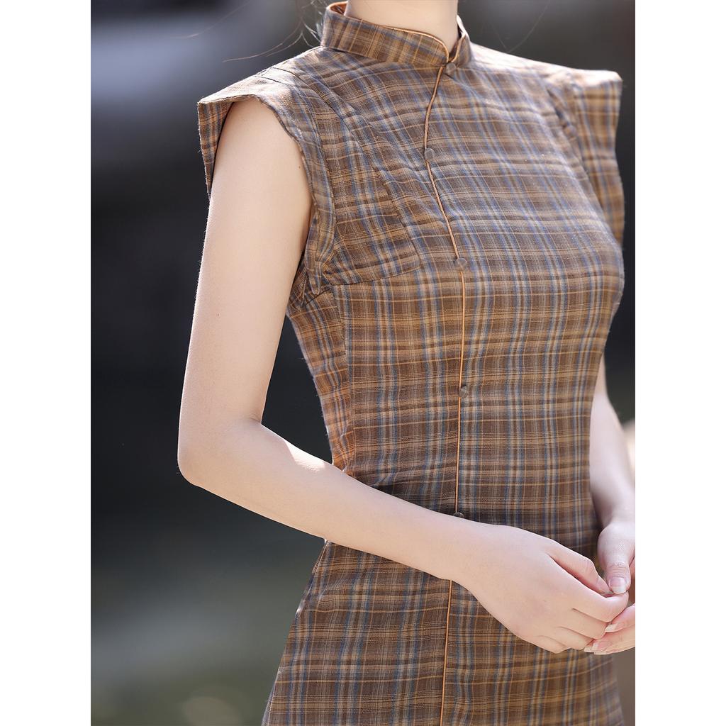 New Chinese retro plaid cheongsam 1011 new women's short slim improved version daily dress girl summer