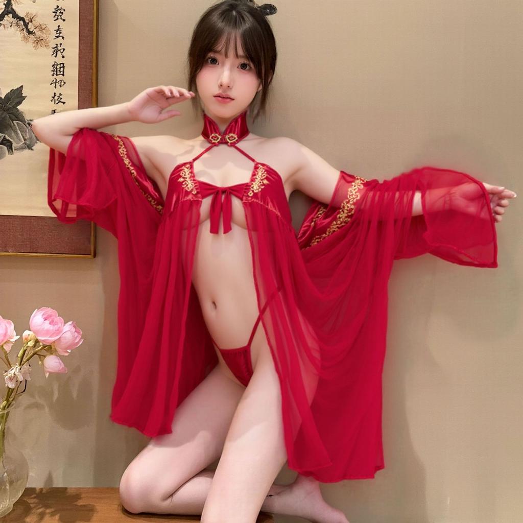 Sex Uniform Temptation Sexy Belly Pocket Antique Hanfu Perspective Bridal Clothing Free Large Size Qq Set