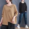 Autumn/Winter 2023 Women's Cotton Loose Fit Round Neck Pullover with Slit Hem, Plus Size Long Sleeve Casual Sweatshirt