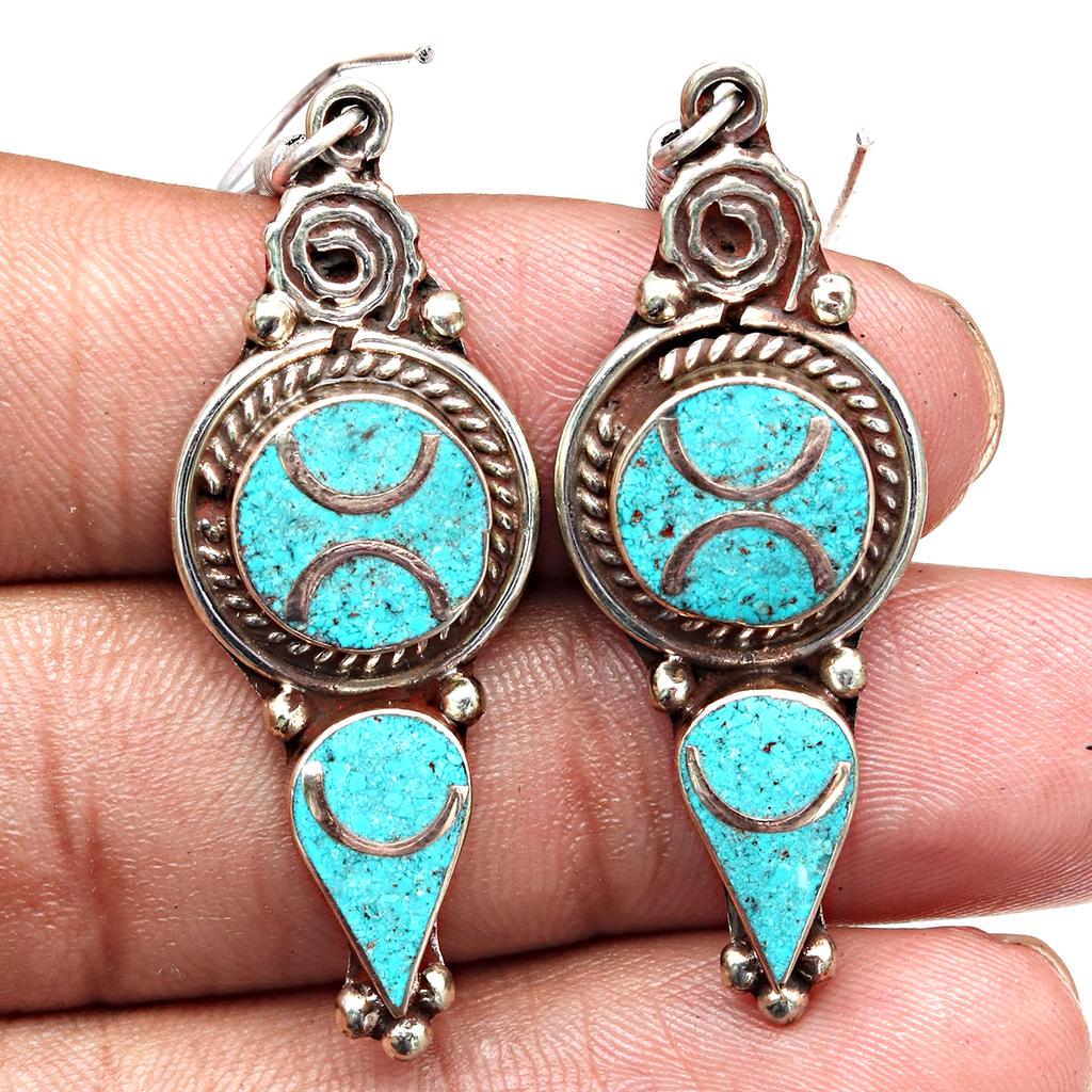 Nepali Tibetan Turquise Lapis Lazuli Gemstone Silver Jewelry Earring 1.5''