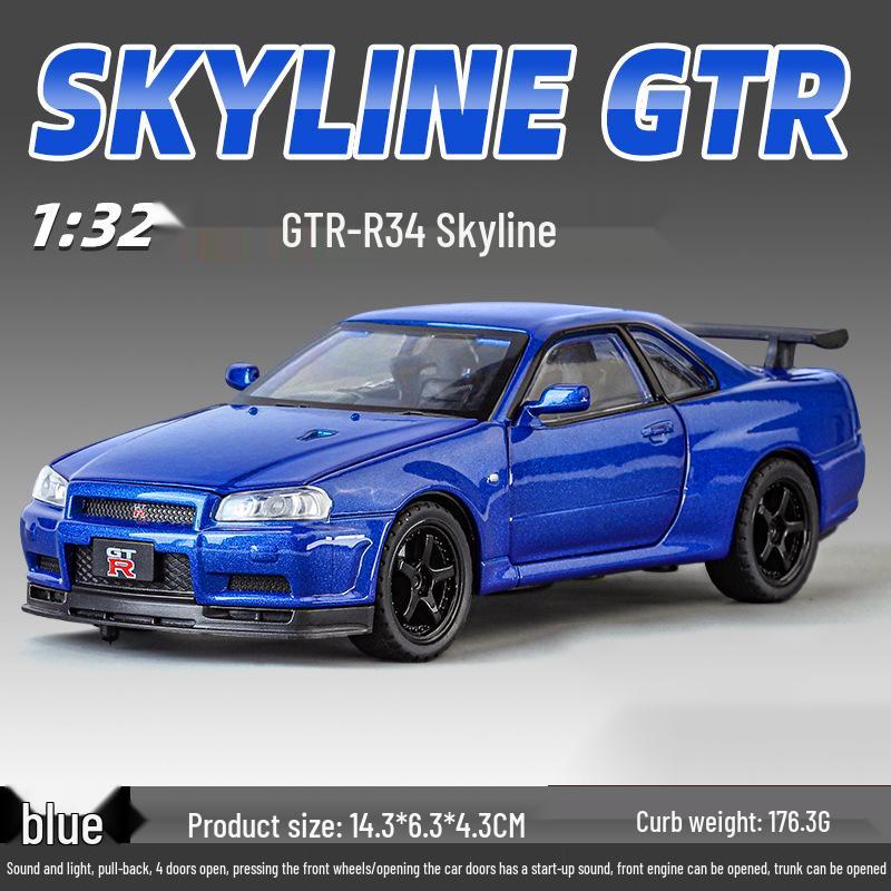 1:32 GTR R34 Low-Rider Sports Car Model with Opening Doors, Four-Wheel Suspension, Alloy Build, Sound and Light, Pull-Back Simulation