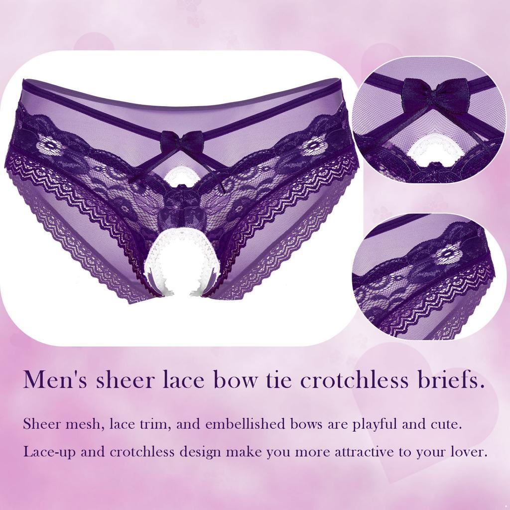 Men Sexy Lace Lingerie Knicker Briefs Sissy Underwear Bowknot Crotchless Panties Underpants Nightwear