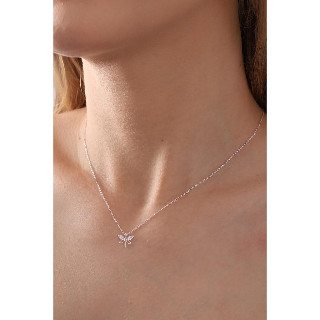 Женское ожерелье из стерлингового серебра 925 пробы с минимальной стрекозой и белым цирконом