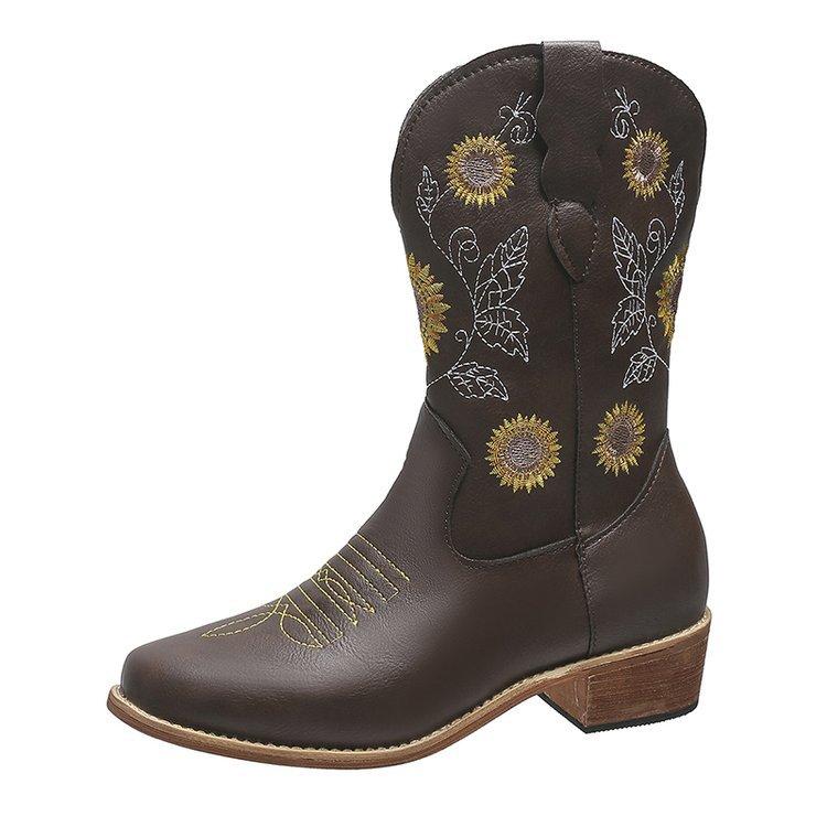 Осень 2024 года, новые короткие сапоги большого размера, популярные женские сапоги с вышивкой в этническом стиле на толстом каблуке