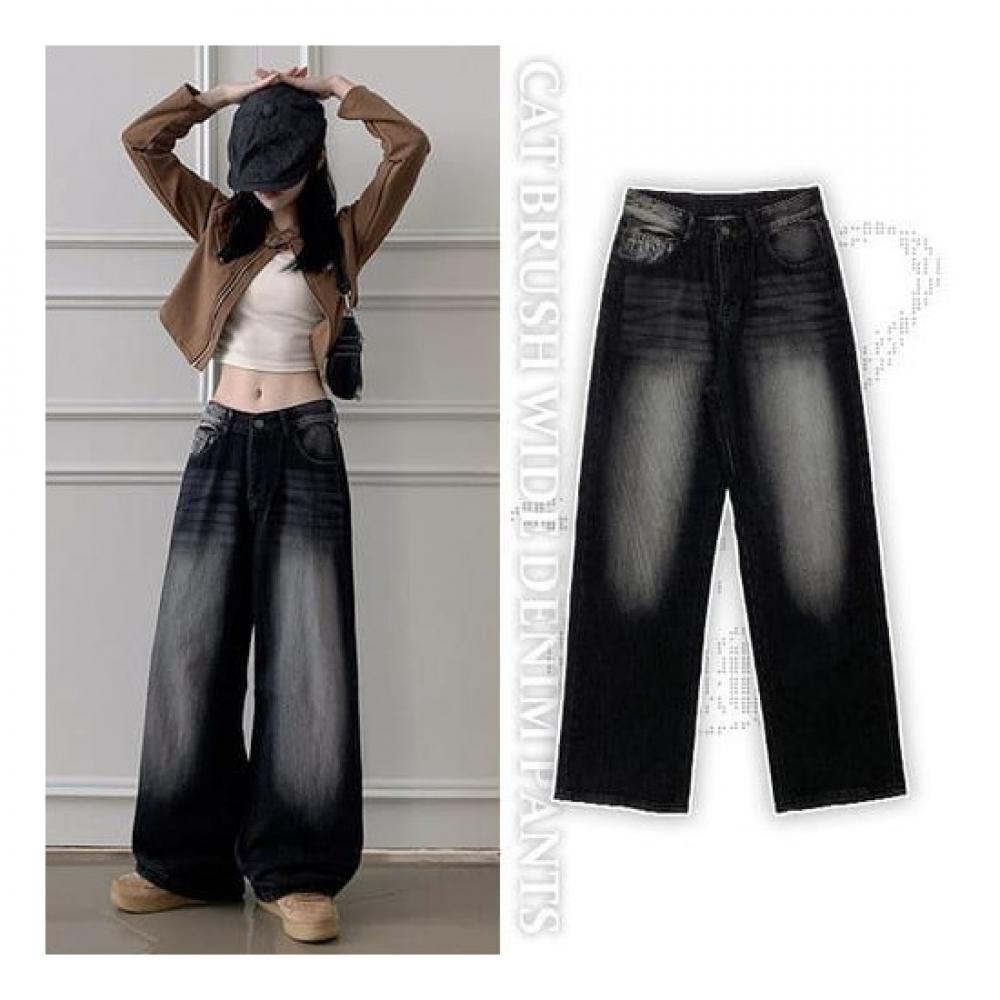 The Pink High Waist Cat Brush Washing Wide Denim Pants