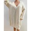 Осенне-зимние женские большие размеры, свободные однотонные, глубокий V-образный вырез, сексуальные тканые платья-свитера