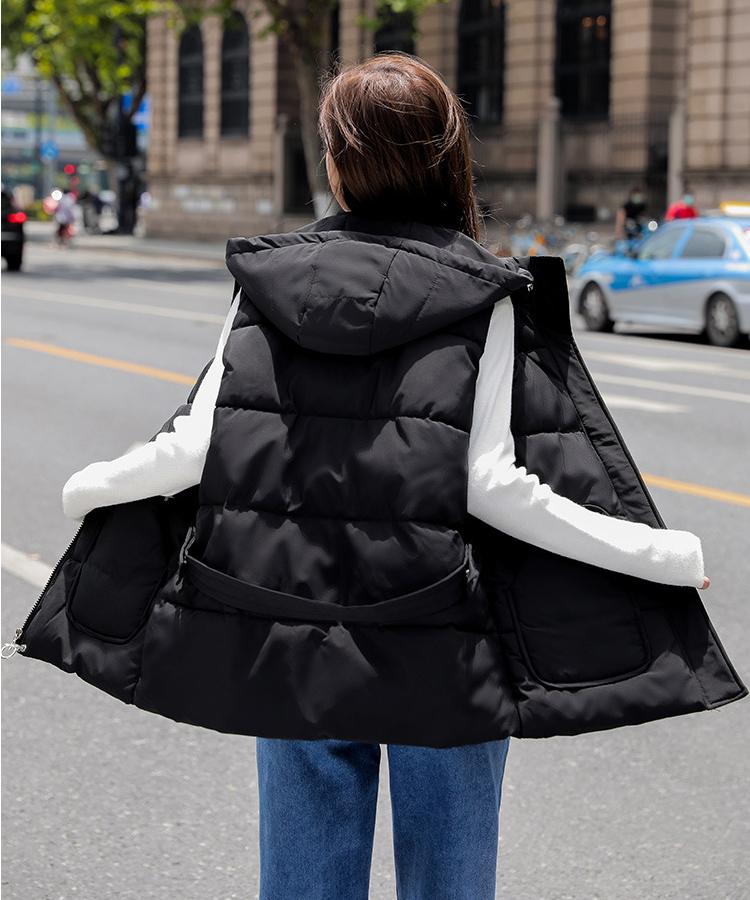 Women Autumn Winter Short Hooded Vest Coat With Belt Outwear Overcoat Oversized Puffer Jacket Cotton Padded Parkas Waistcoat