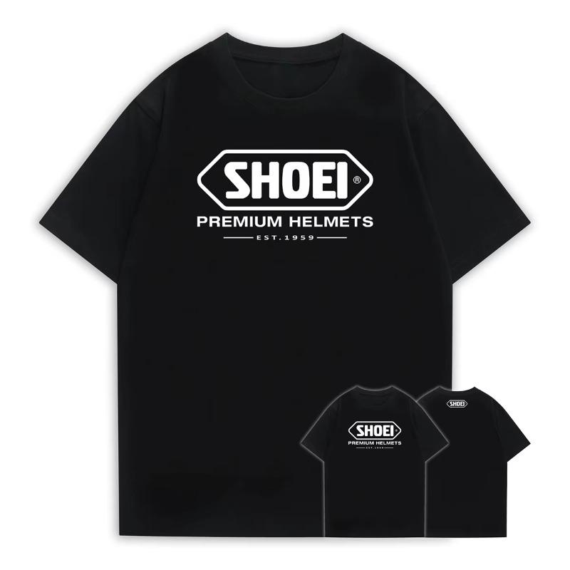 A Black Round-neck Short-sleeved T-shirt with A Classic Japanese SHOEI Motorcycle Racing Helmet