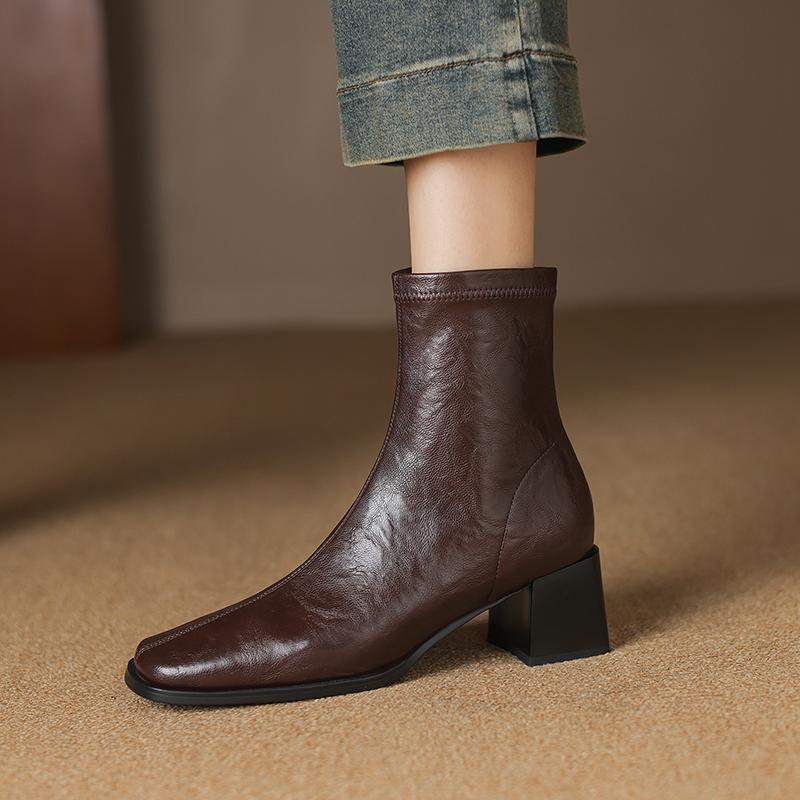 Krazing Pot Microfiber Autumn Winter Shoes Thick High Heels Chelsea Boots Square Toe Keep Warm Zipper Ankle Boots