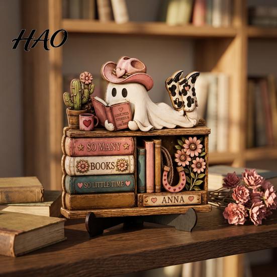 Unique Halloween Gift for Friends Reading Ghost Figurine, Retro Wooden Statue, Vintage Desktop Interior Ornament with Stacked Book Home Office