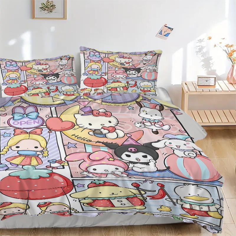 3 шт. Праздничный набор постельного белья с принтом Hello Kitty и друзей, Мягкий и удобный пододеяльник для спальни, гостевой комнаты (Не включено).S002