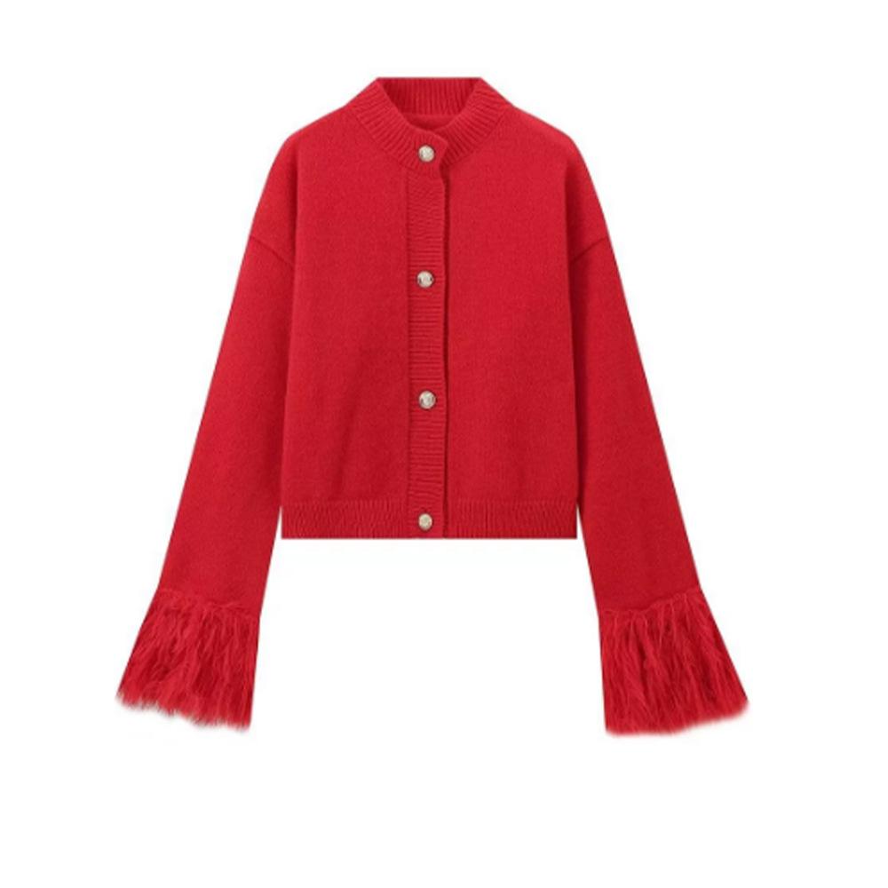 Women Solid Knit Cardigan With Faux Fur Trim Long Sleeve