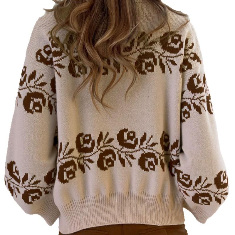 Womens Oversized Knit Sweater With Floral Embroidery Semi-Turtleneck Long Sleeve Casual Top