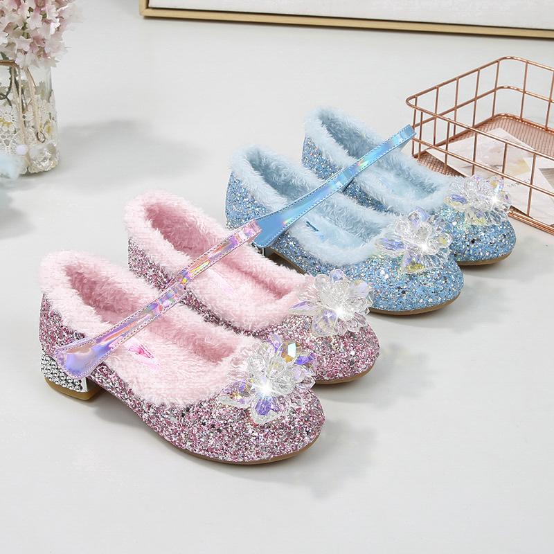 Girls' princess shoes, lined crystal shoes for baby girls, new winter style, blue Elsa shoes, fashionable children's high heels