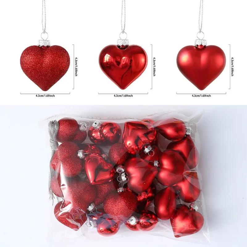 24pcs Red Glitter Love Heart Hanging Ornaments Romantic Heart Balls Christmas Tree Decor DIY Valentines Wedding Party Supplies