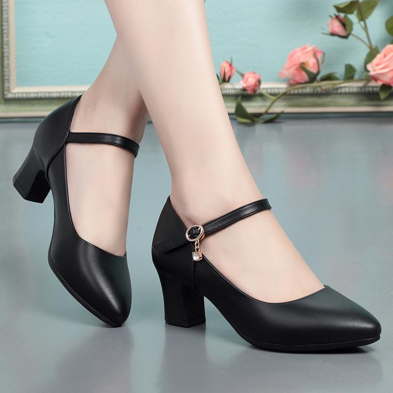 Autumn Women Fashion Sweet Comfort Buckle Strap Square Heel Pumps Casual Black Leather Office High Heel Shoes