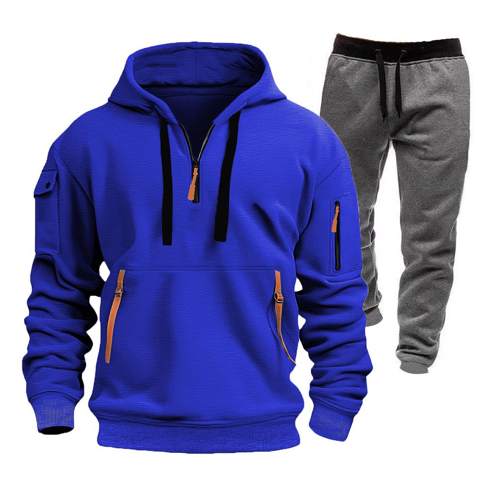 Men's Winter Fleece Multi-pocket Zipper Sweatshirt Suit Personalized Casual Hoodie Suit