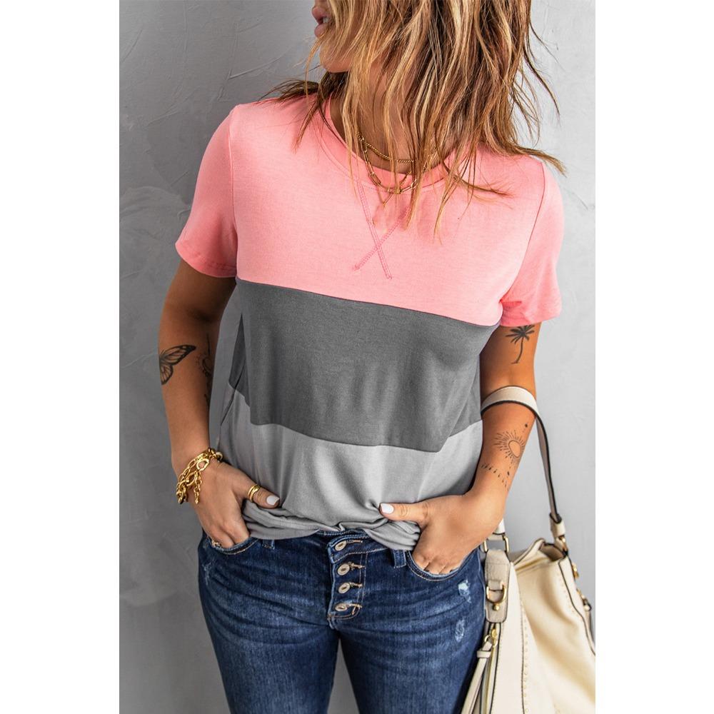 2025 Spring and Summer New Color Matching Short-sleeved T-shirt Women's Loose and Versatile Top Color Matching Cw34305
