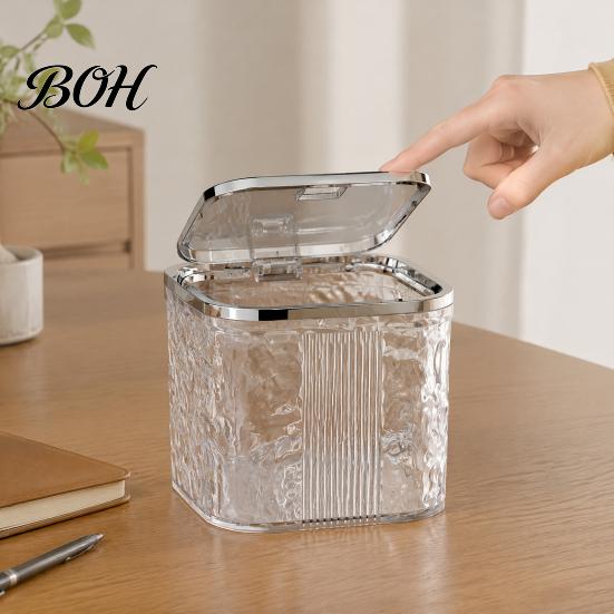 Decorative Small Waste Bin Desktop Trash Can with Pop-Up Lid, Transparent Glacier Texture Waterproof Holder for Table Bin, Compact Plastic Garbage