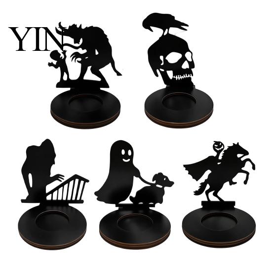Decorative Silhouette Figurine Halloween Shadow Candle Holder, Spooky Ghost Skull Candlestick Decoration, Tealight Stand Vintage Wooden Tea Light for