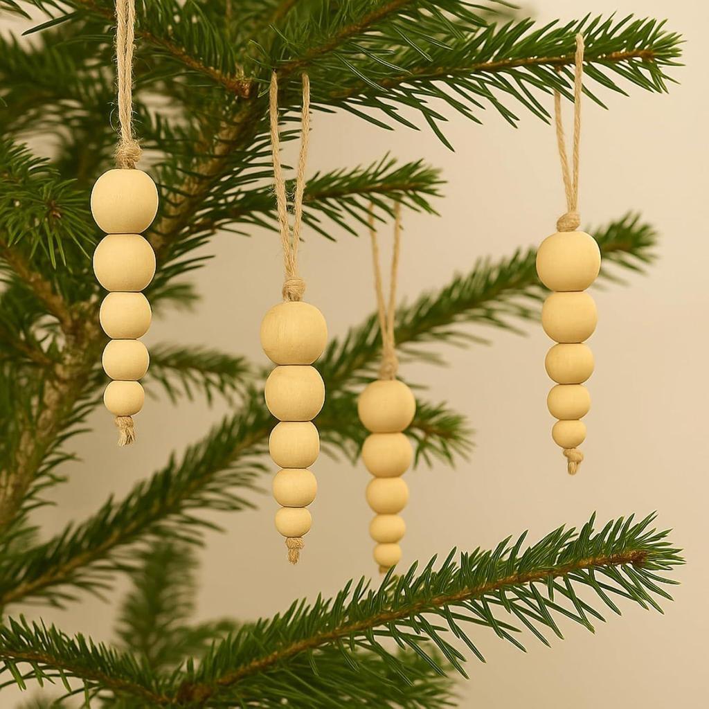 Pack of 5 Wood Bead Christmas Ornament for Decoration Natural Modern Minimalist Xmas Hanging Home Decor Bohemian Holiday Decorations