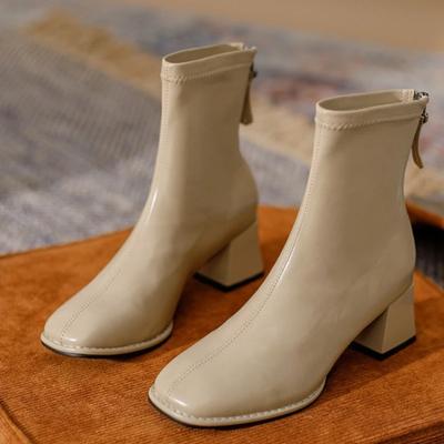 2024 Весна Осень 2024 Женские Ботильоны на Среднем Каблуке с Молнией Сзади 2024 Короткие Ботинки С Квадратным Носком Удобные Женские Ботинки На Толстом Каблуке