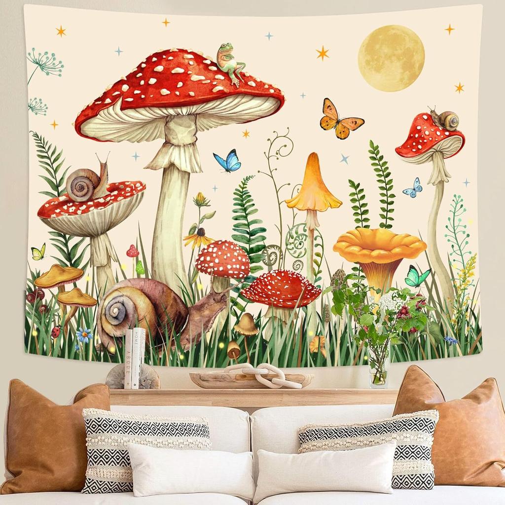 Red Mushroom Tapestry Moon Star Tapestries for Bedroom Aesthetic Beige Starry Night Green Plant Tapastrys Wall Hanging Butterfly