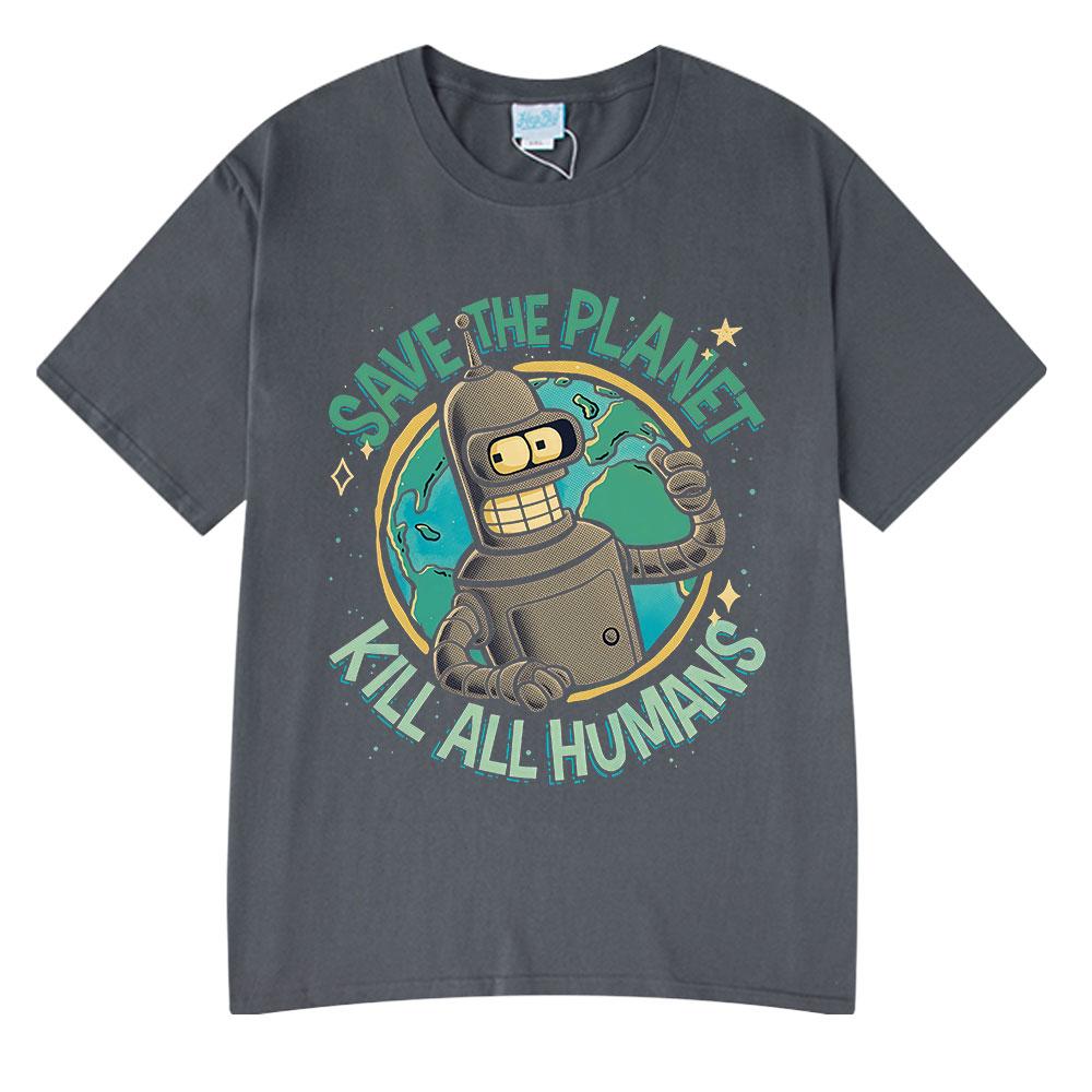 cotton t-shirt Funny Save The Planet Kill All Humans Robot Graphic Print T Shirt Men's Women Fashion Short Sleeve T-shirt Oversized Cotton Tees