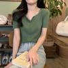 Chic French V-Neck Square Neck Short Sleeve Knitted Sweater T-Shirt for Women
