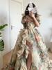 Floral Print Evening Party Dress Women 2025 Puff Sleeve Elegant Princess Long Dres Ladies France Vintage Open Fork Dress Summer