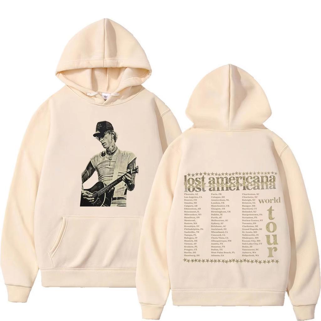 MGK Lost Americana Tour 2026 Печатные Худи Мужские Женские Мода Хип-хоп Пуловер Длинный Рукав Повседневный Винтажный Худи с Принтом
