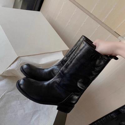 Издание из коровьей кожи~ Западные складные полусапоги Женские ботинки Мартин на платформе Премиальная кожа Толстый каблук Прямые рыцарские ботинки