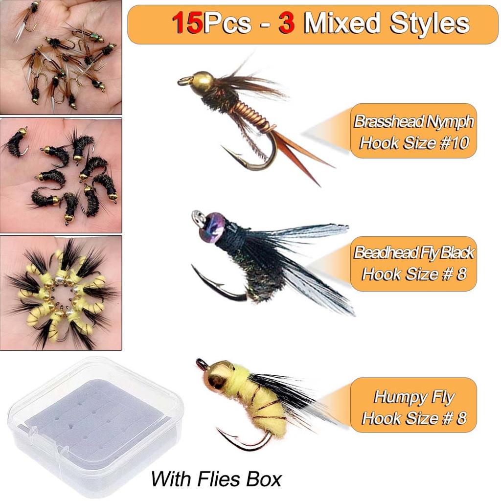 15Pcs/Box Brass Bead Head Fast Sinking Fly Fishing Bait/Humpy Fly Bait Fishing For Trout Flies Artificial Insect Fishing Bait Lure