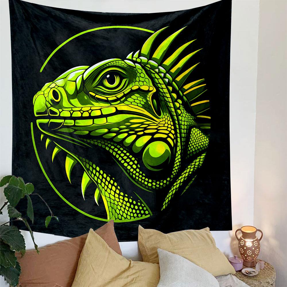 "Neon Green Iguana Design on Black" Patterned Tapestry Decorative Wall Hanging, Home Bedroom Living Room Decor