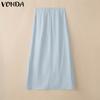 VONDA Women High Waist Solid Color Splits Casual Long A-line Skirts