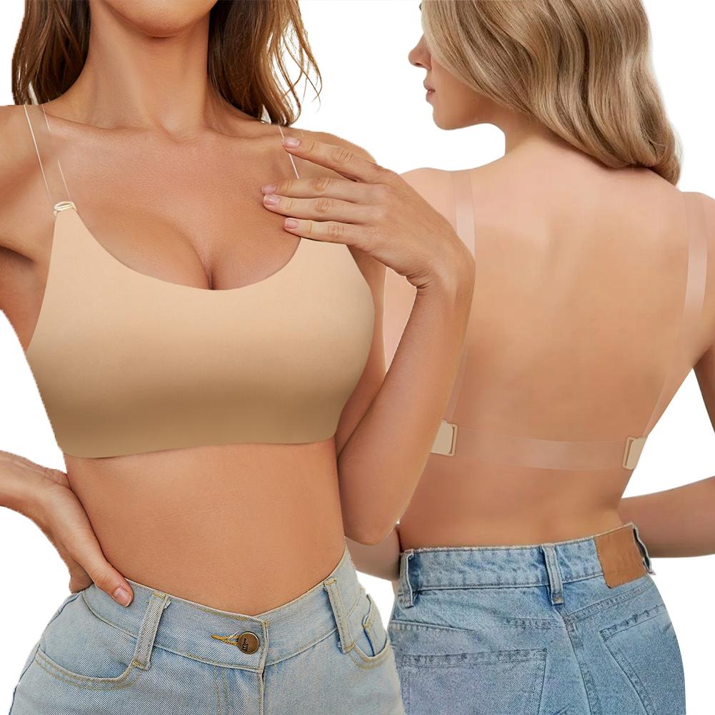 Varsbaby Seamless Low Back Bra with Clear Strap Wireless Non Padded Bralette for Women Backless Dress/Top