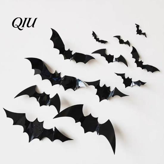 Bright Color Pumpkin Decal 12Pcs Bats Wall Decals, Halloween 3D Bat Stickers for Home Decor, Three-dimensional Decor 4 Size Waterproof Black