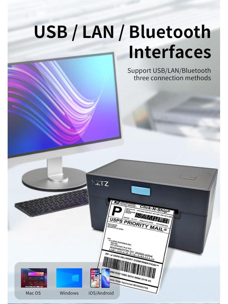 HZ-9220 High-Speed Thermal Label Printer with USB, Bluetooth & WiFi for Barcode and Shipping Labels