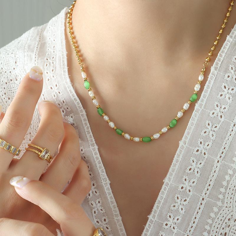 Модный тайский зеленый опал с пресноводным жемчугом, ожерелье из титановой стали с бусинами, модные универсальные аксессуары для девочек