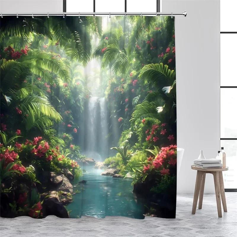 300x180СМ Пейзажные шторки для душа Зеленые растения Пальма Водопад Лес Природа Пейзаж Домашний Набор Декора для Ванной Комнаты