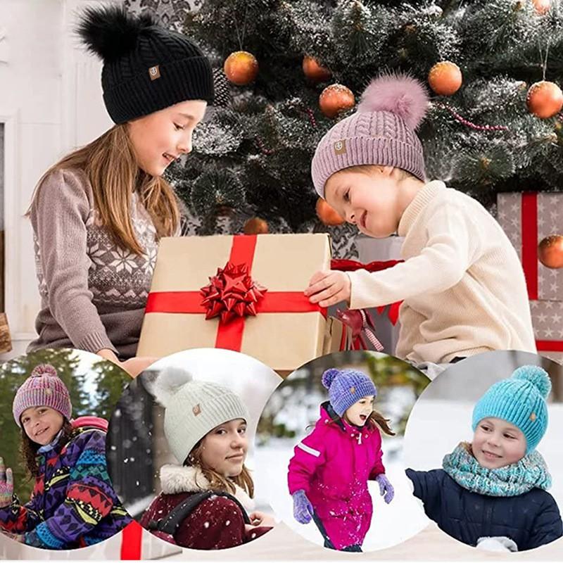 Kids 3-Piece Winter Knit Set Nordic Style Thick Warm Hat Scarf Gloves With Pom Poms