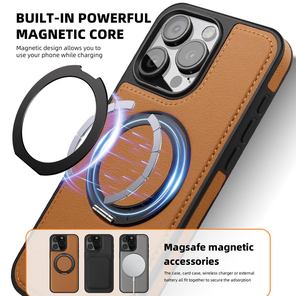 For iPhone 15 Pro Case with Ring Kickstand Compatible with MagSafe PU Leather Back Cover